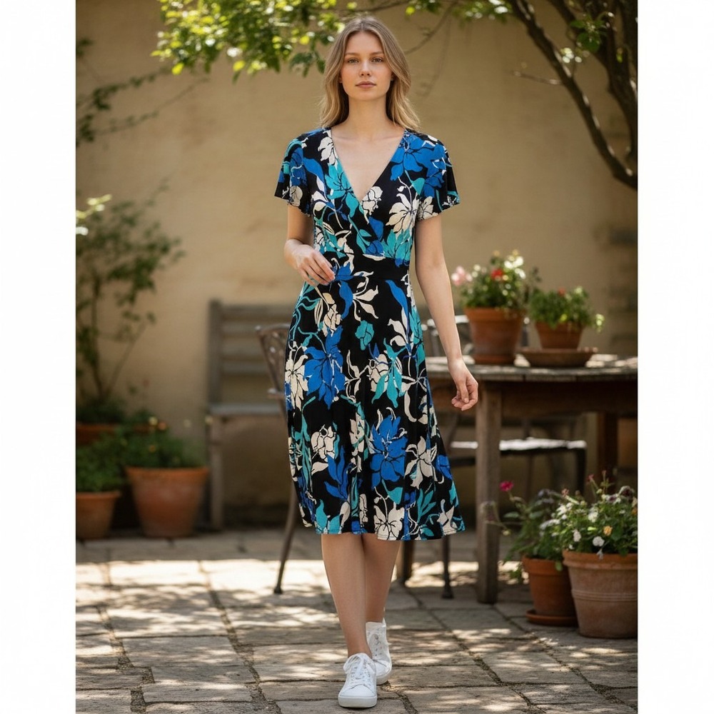 Croft & Barrow Petite Medium Floral Faux Wrap Dress Blue Black Short Sleeve NWT